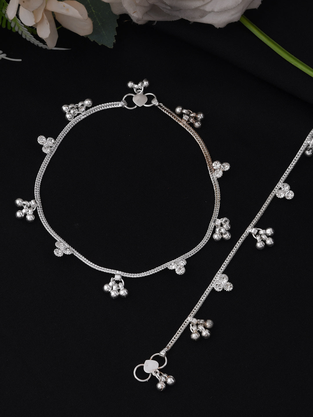 Silver Anklet With Floral | Bell Charms Anklet For Women