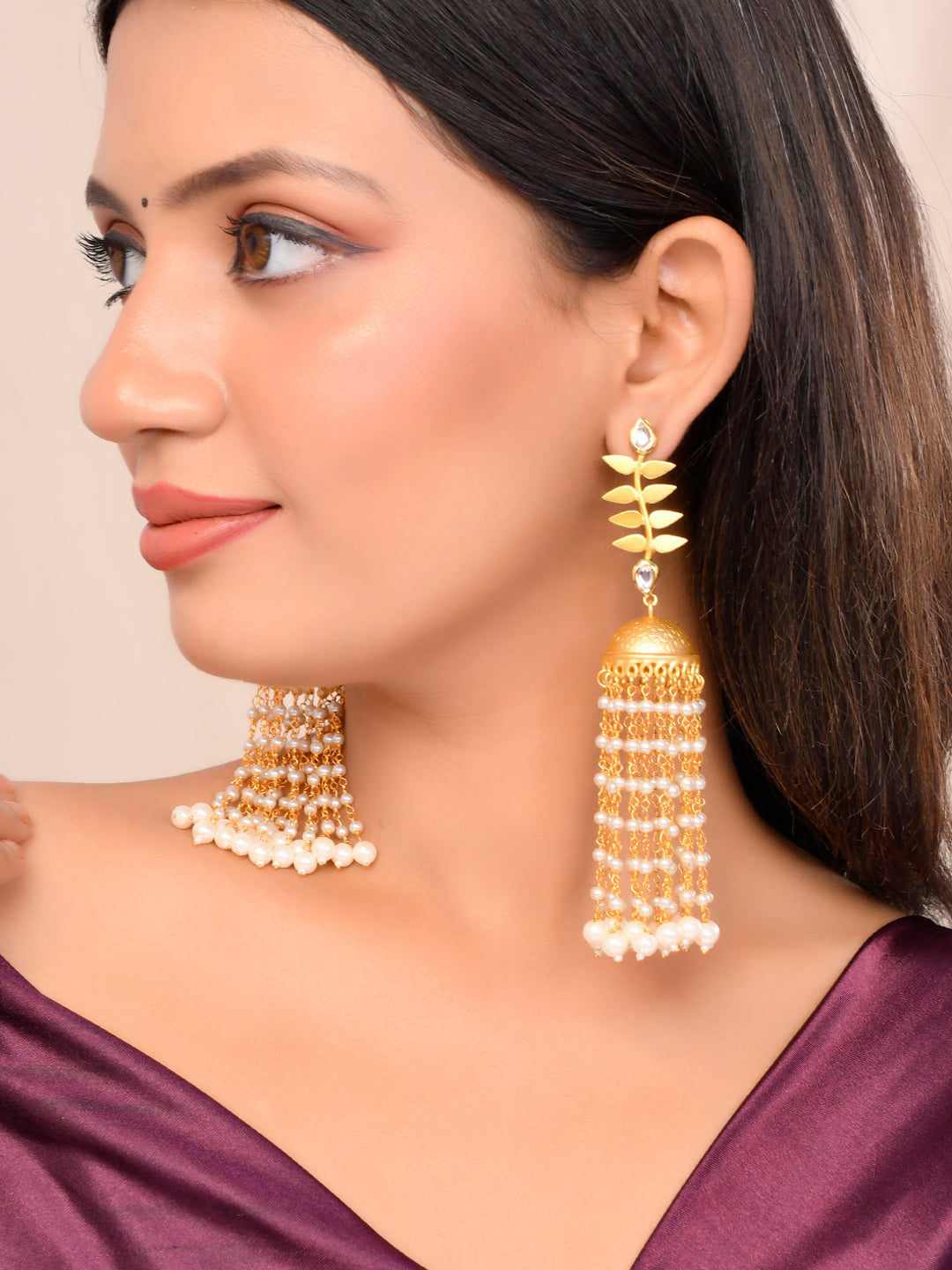 Gold-Plated Jhumka Earrings With Long Pearls Chain