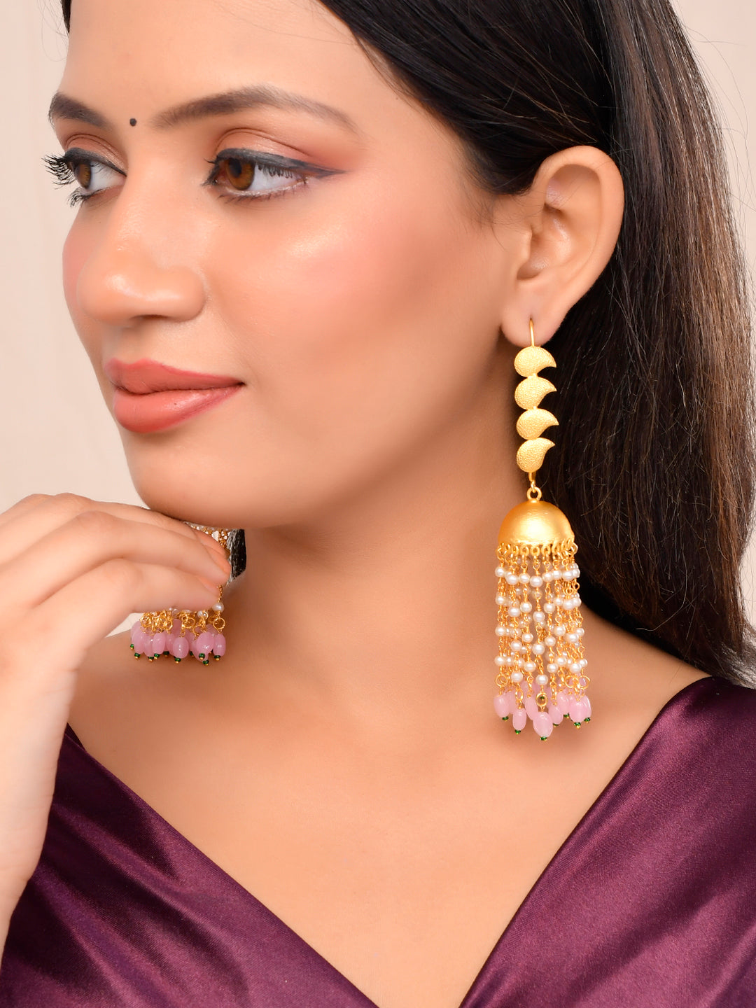 Gold-Plated Jhumka Earrings With Long Pearls Chain