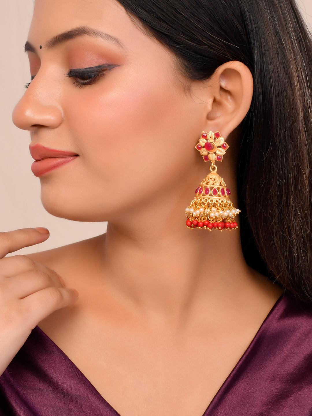 Gold-Plated and Ruby Traditional Jhumka Earring For Women