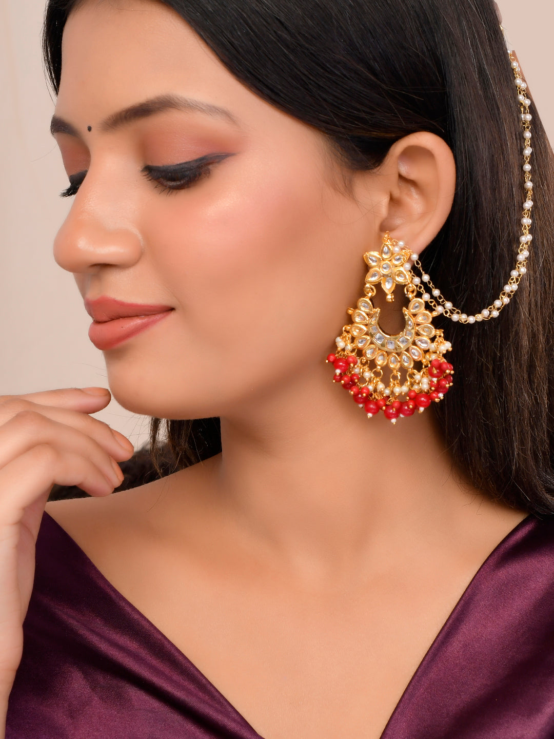 Gold-Plated and Red Gemstone Long Drop Royal Earrings For Women