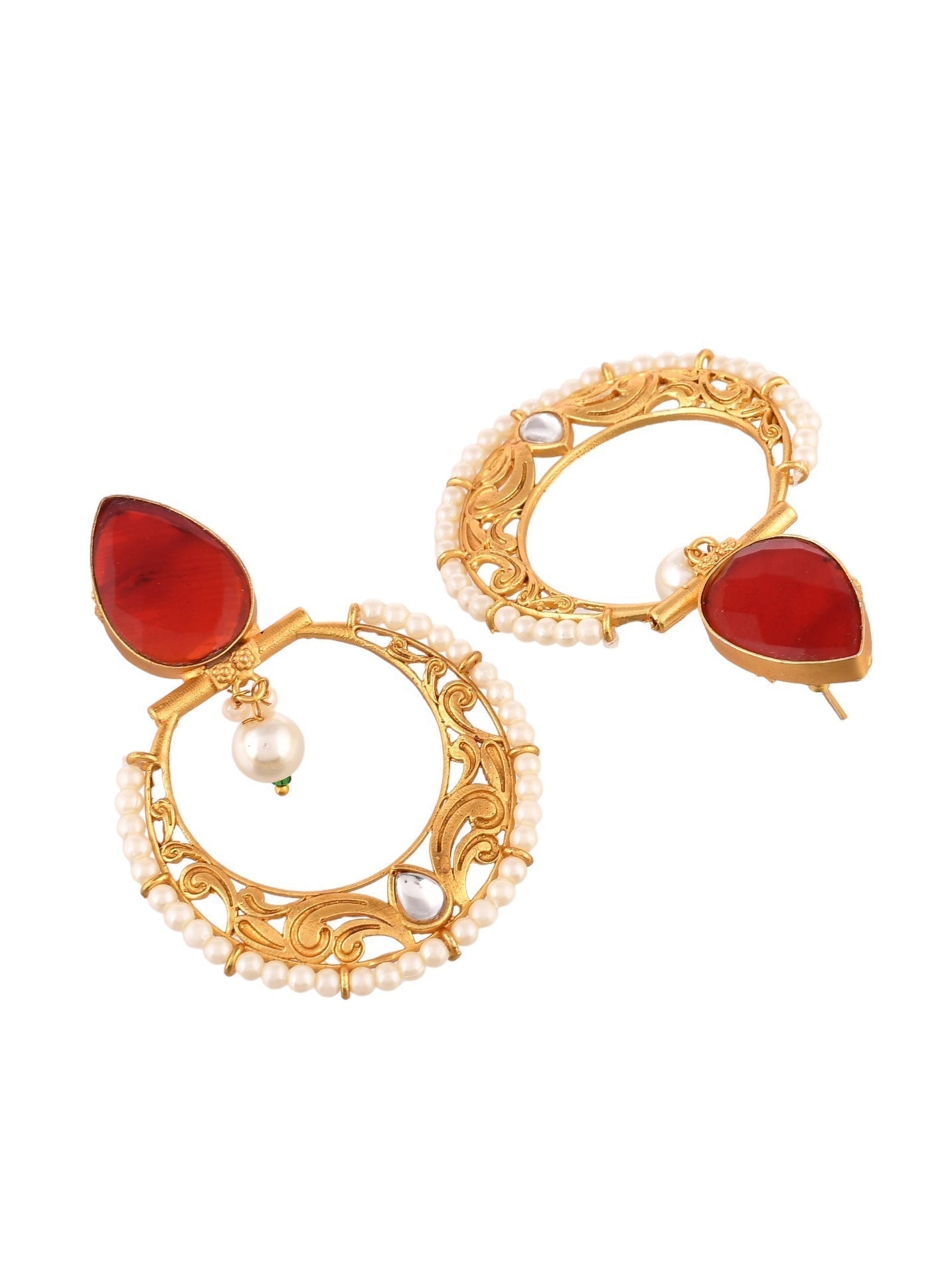 Gold Plated Red Stone Studded Pearl Chandbali Earrings For Women