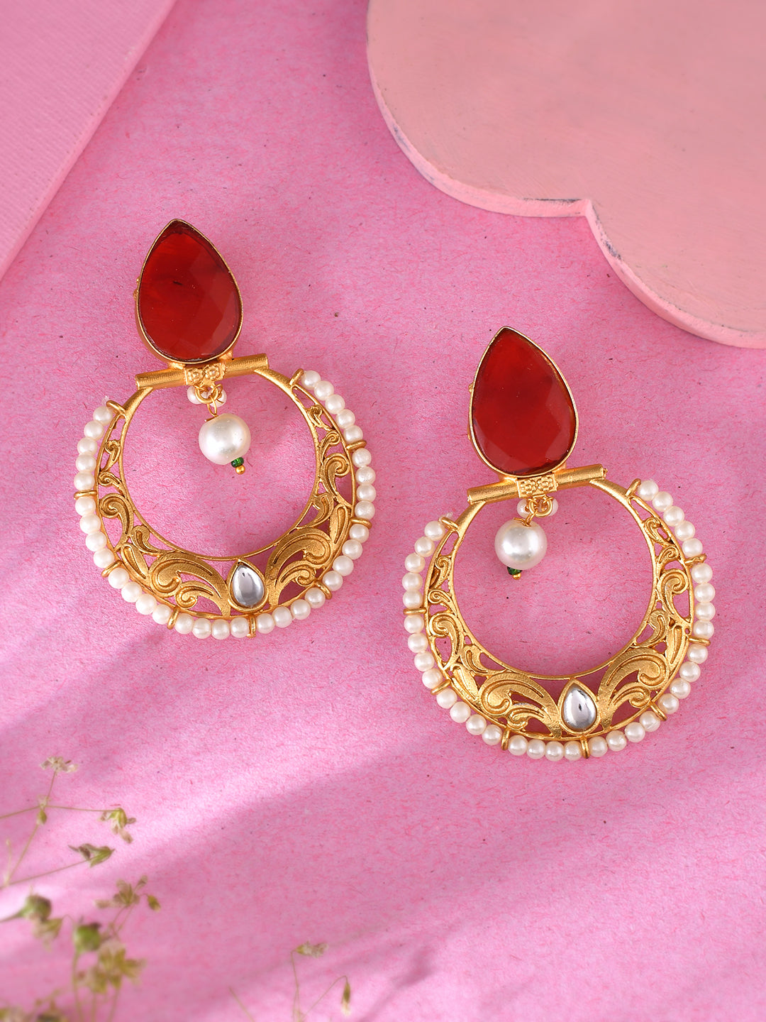 Gold Plated Red Stone Studded Pearl Chandbali Earrings For Women