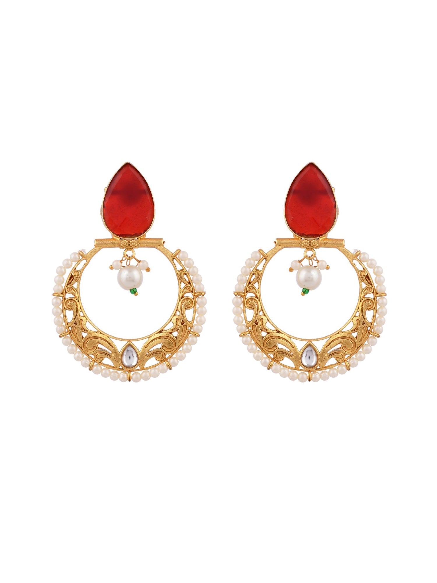 Gold Plated Red Stone Studded Pearl Chandbali Earrings For Women