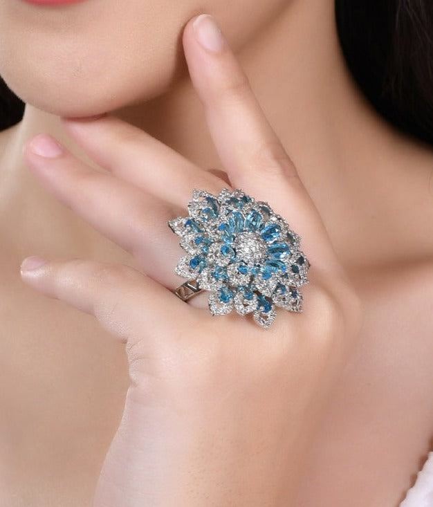 American Diamond Blue Stone Finger Ring For Women