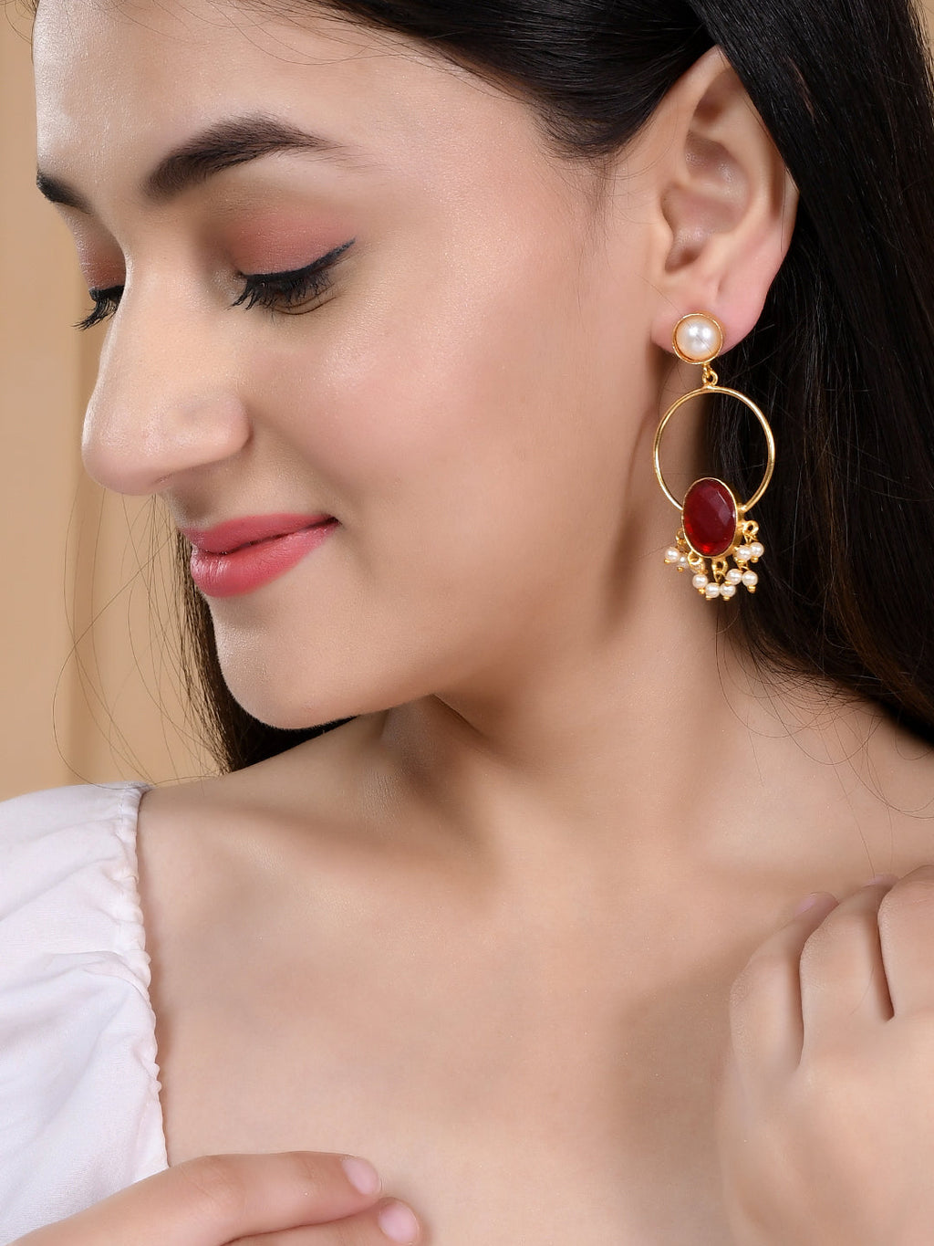 Gold Plated Red Stone Drop Earring For Women