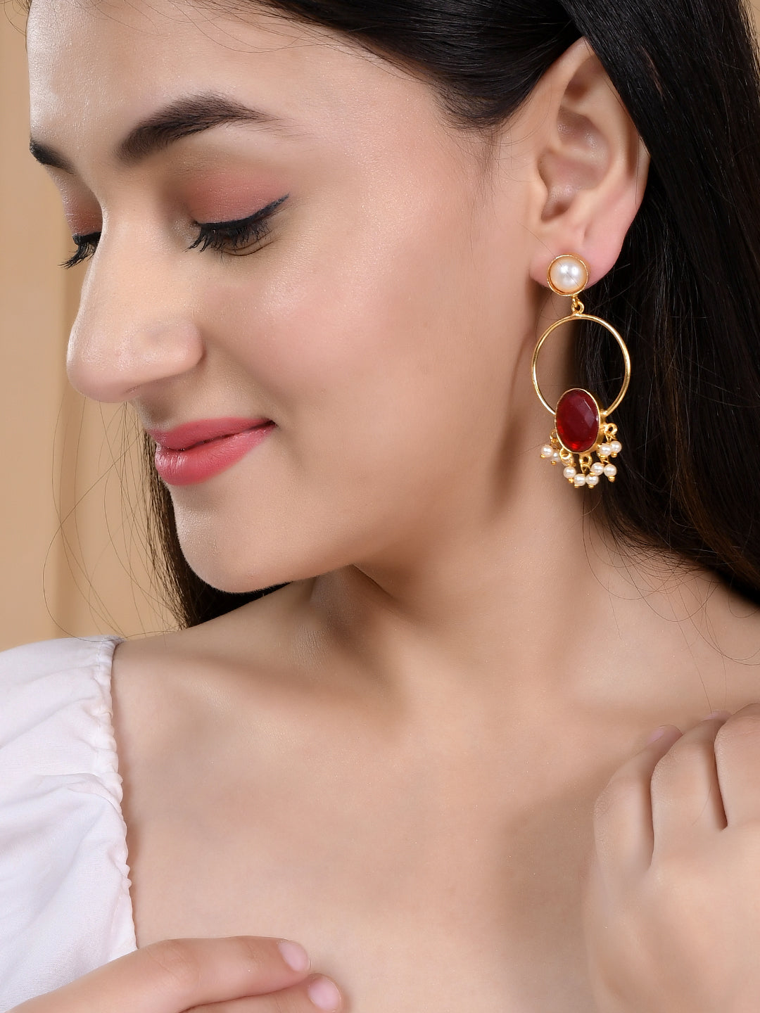 Gold Plated Red Stone Drop Earring For Women