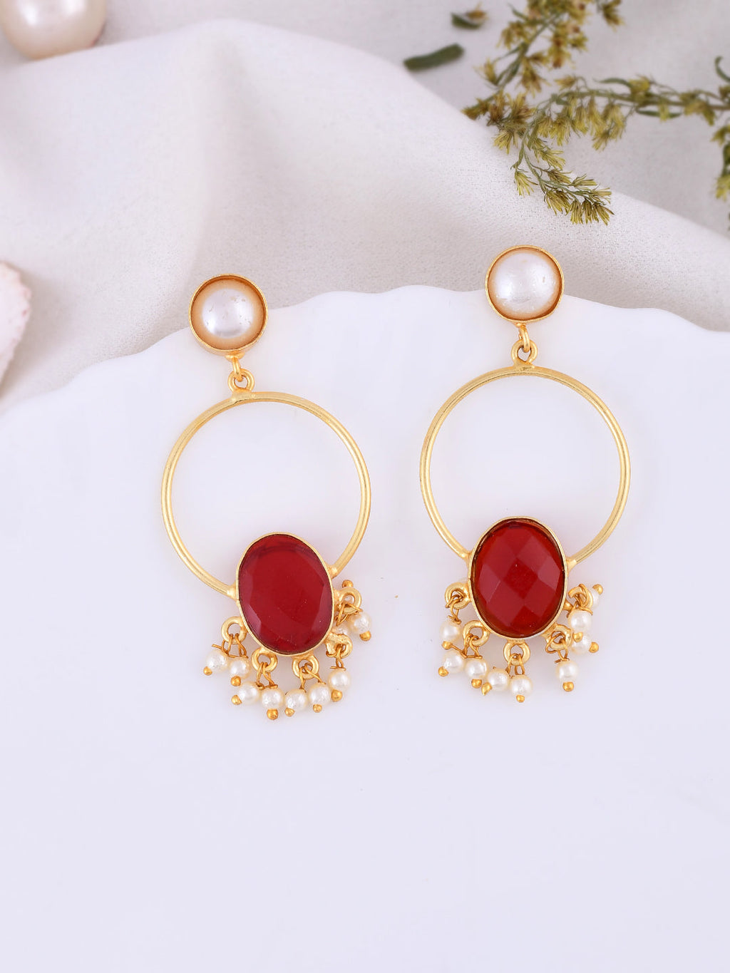Gold Plated Red Stone Drop Earring For Women