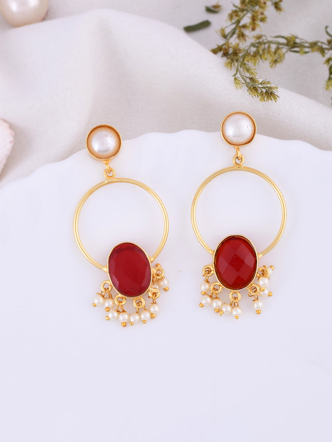 Gold Plated Red Stone Drop Earring For Women