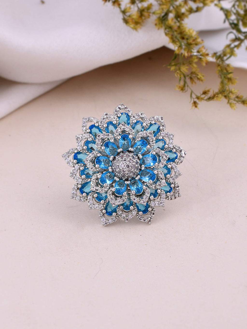 American Diamond Blue Stone Finger Ring For Women