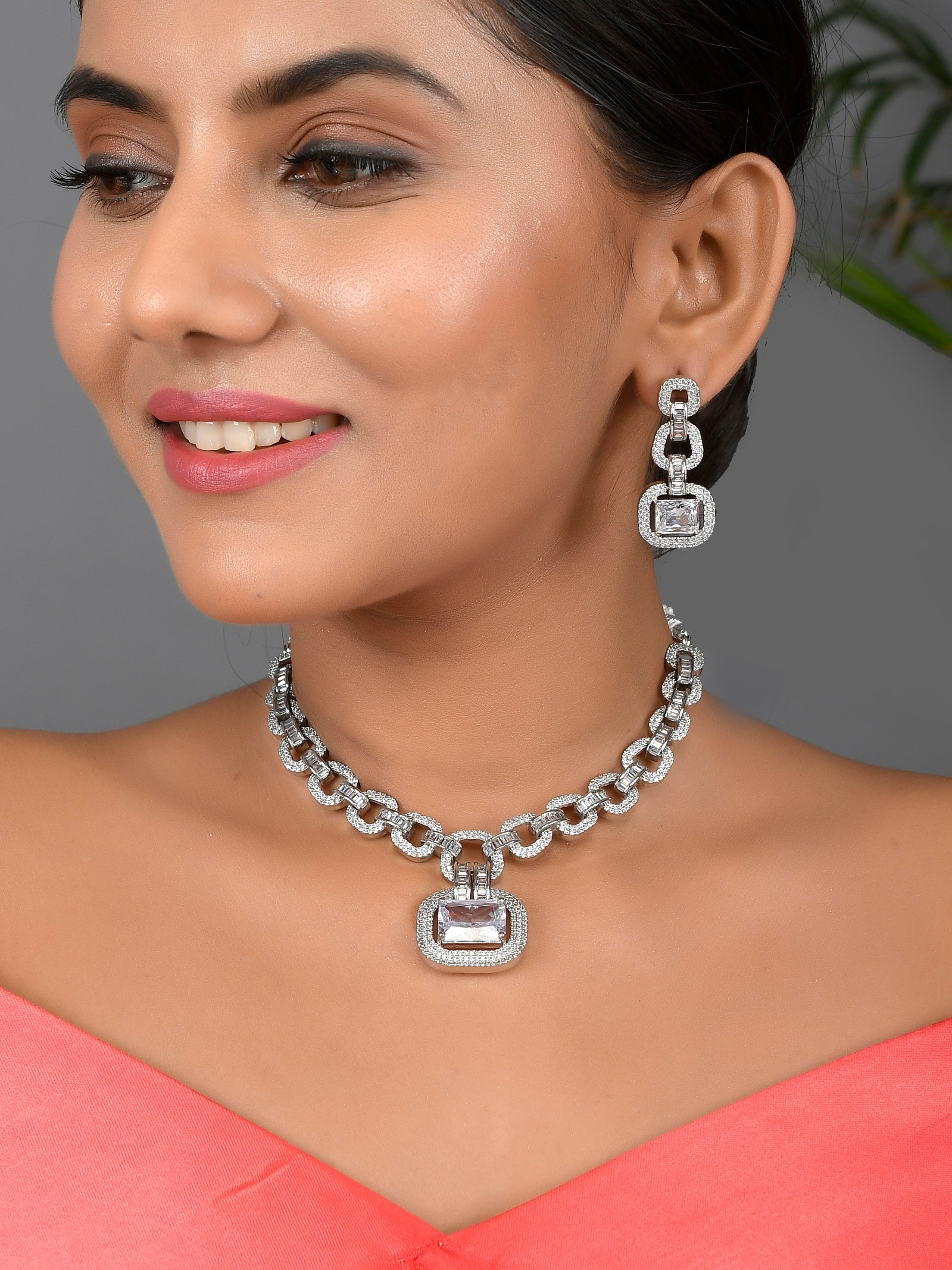 American Diamond Silver Plated Jewellery Set For Women