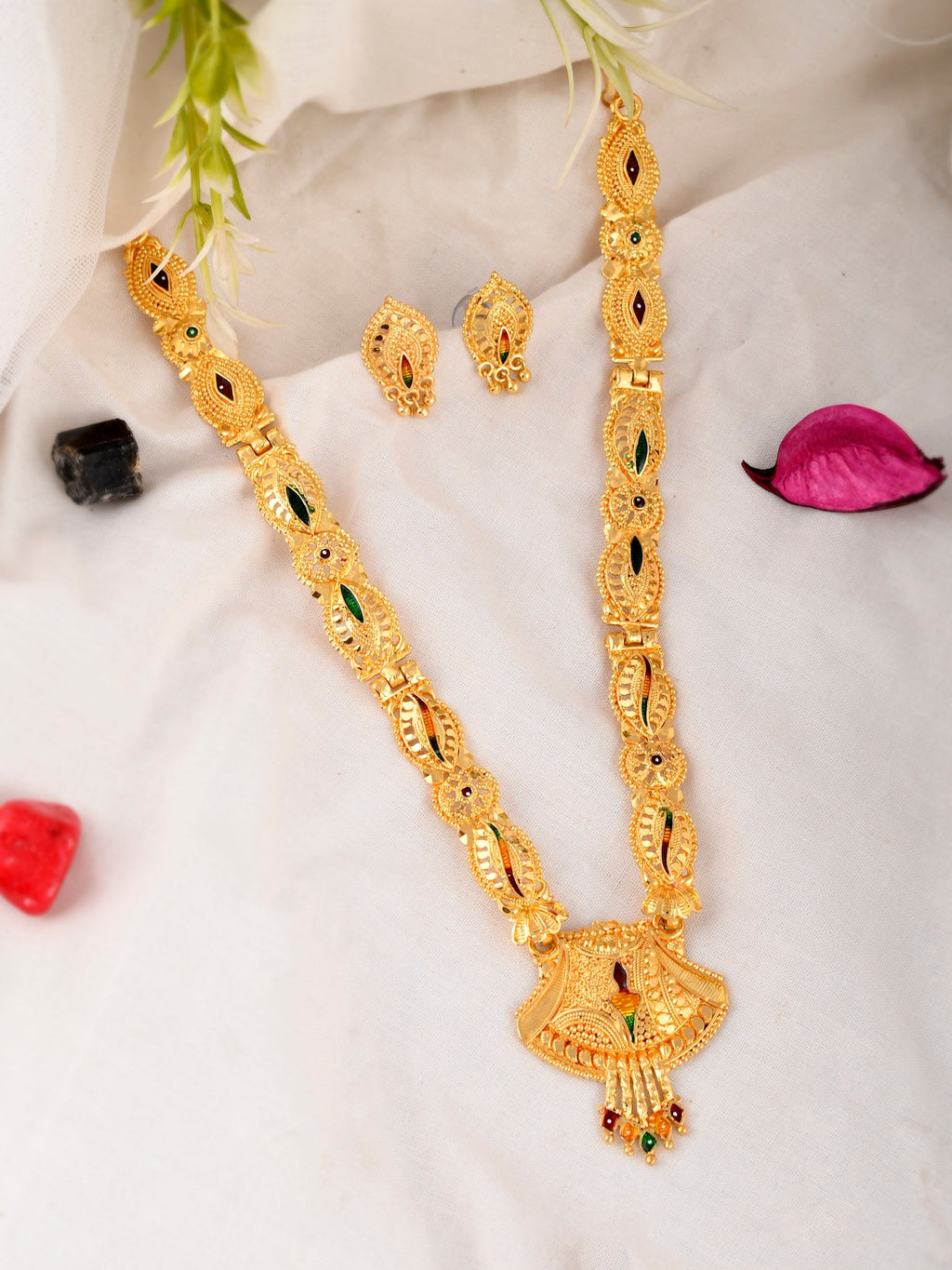 Gold Plated Traditional Meenakari Temple Jewellery Set For Women