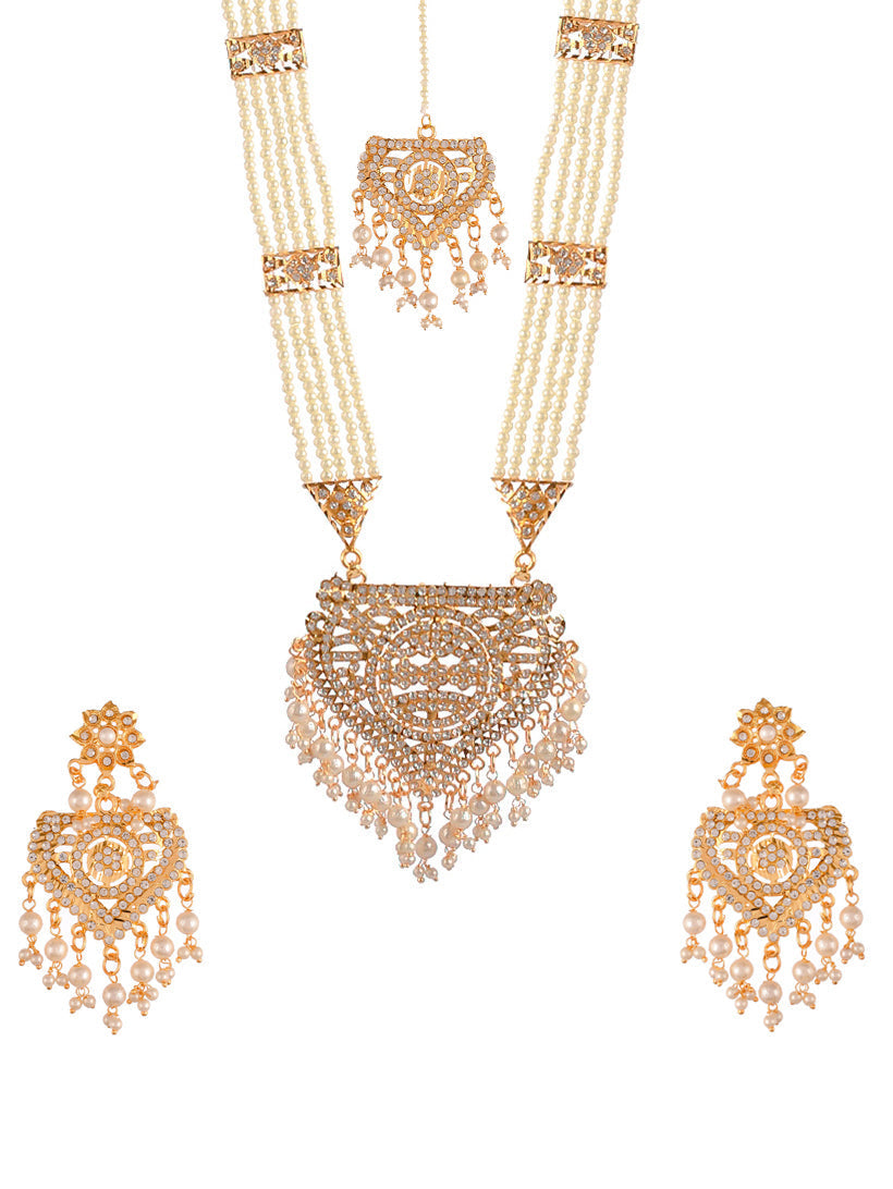 Gold and Pearl Bridal Necklace Set With Matching Earrings For Women