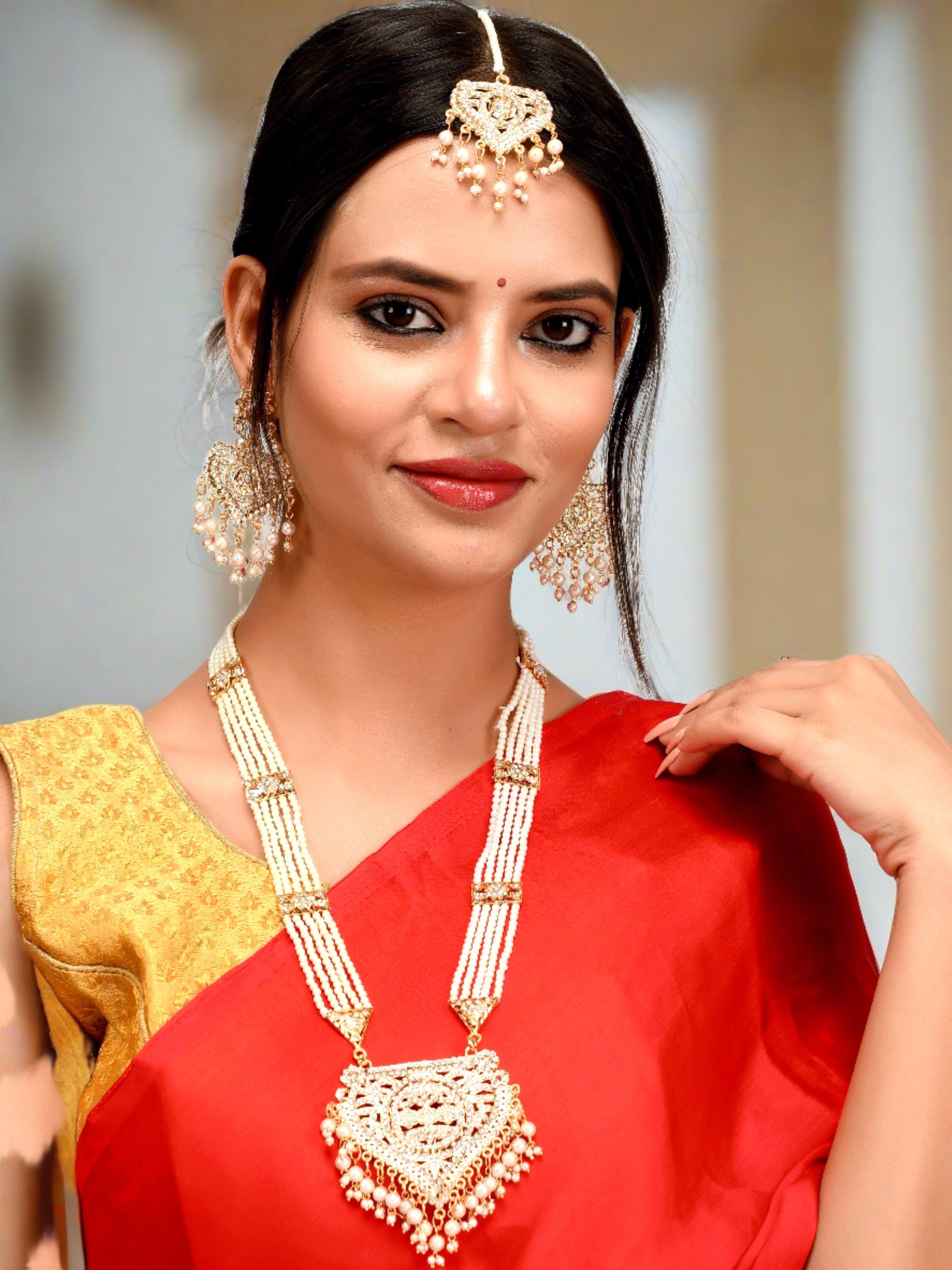 Gold and Pearl Bridal Necklace Set With Matching Earrings For Women