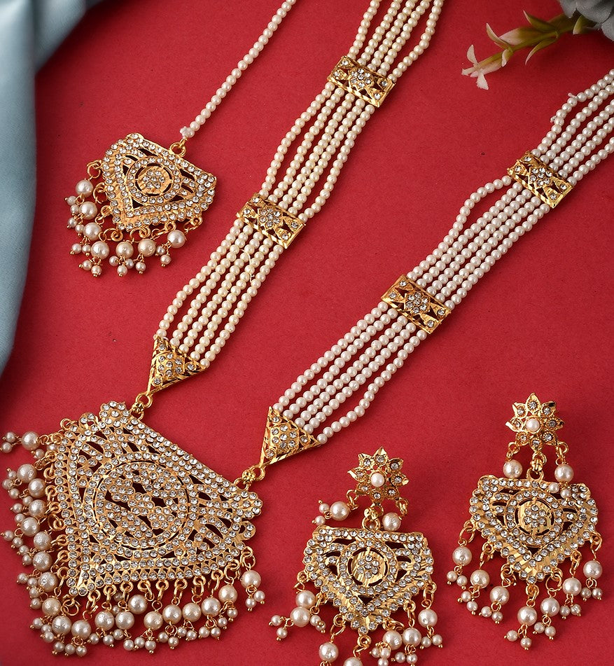 Gold and Pearl Bridal Necklace Set With Matching Earrings For Women