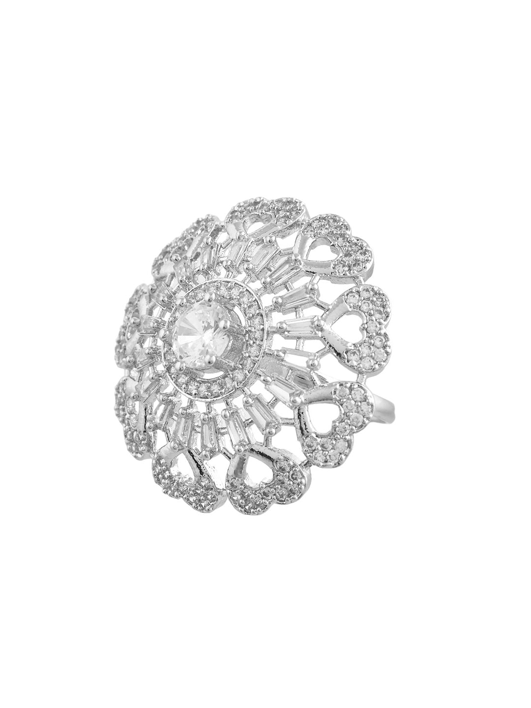 American Diamond & Silver Plated Cocktail Ring For Women