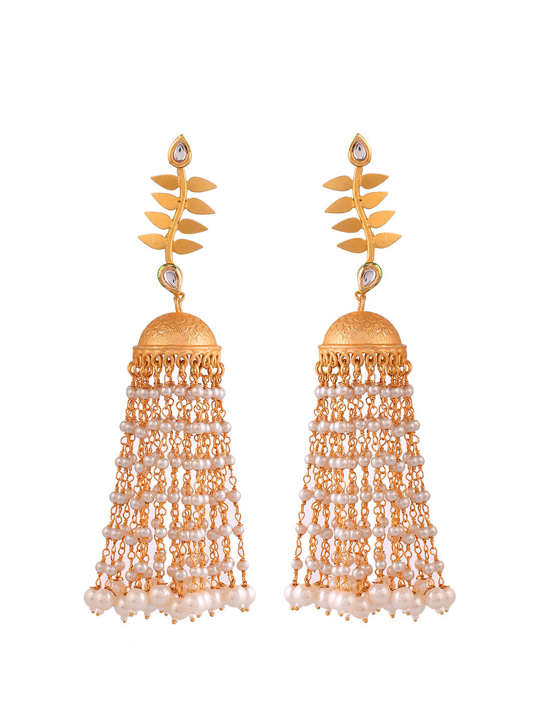 Gold-Plated Jhumka Earrings With Long Pearls Chain