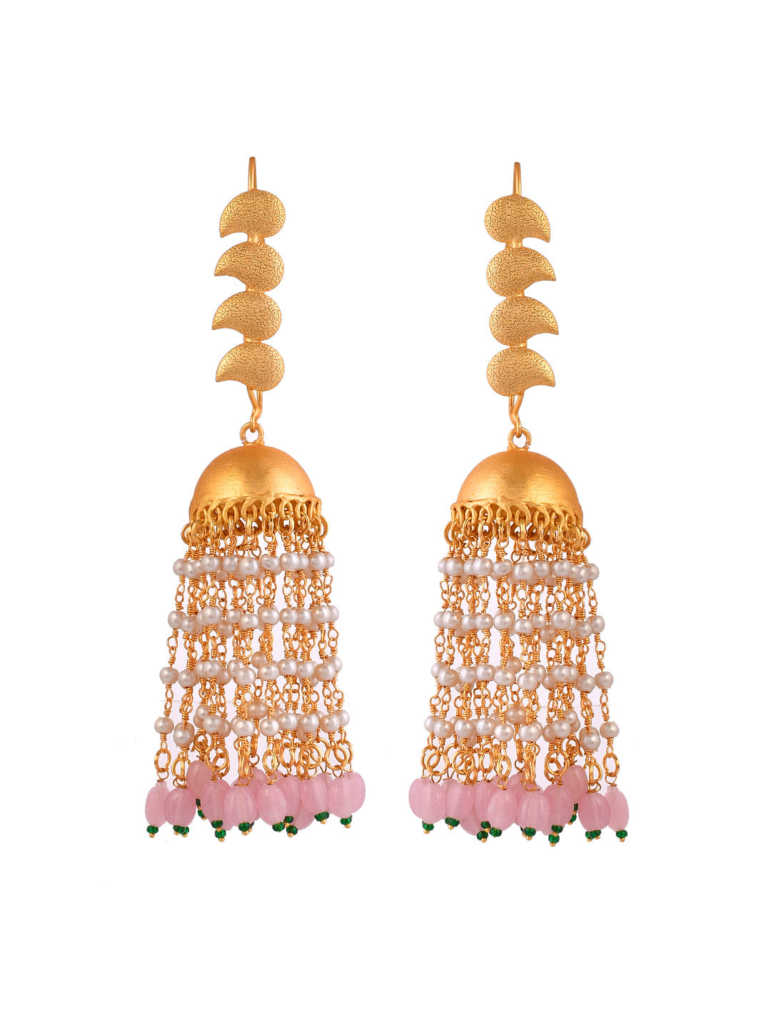 Gold-Plated Jhumka Earrings With Long Pearls Chain