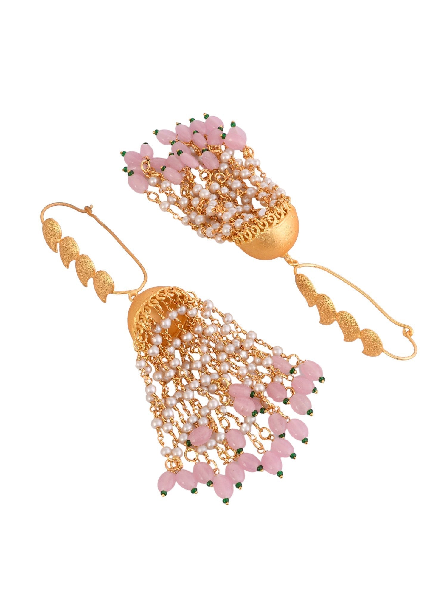 Gold-Plated Jhumka Earrings With Long Pearls Chain