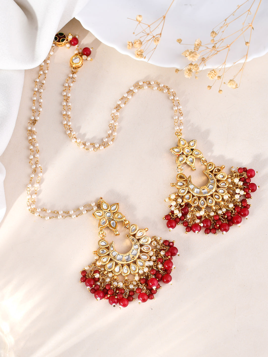 Gold-Plated and Red Gemstone Long Drop Royal Earrings For Women