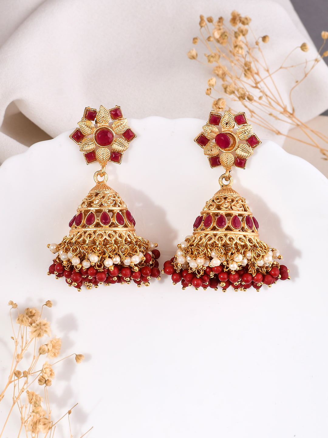 Gold-Plated and Ruby Traditional Jhumka Earring For Women