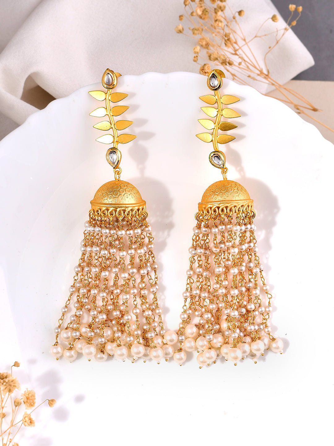 Gold-Plated Jhumka Earrings With Long Pearls Chain