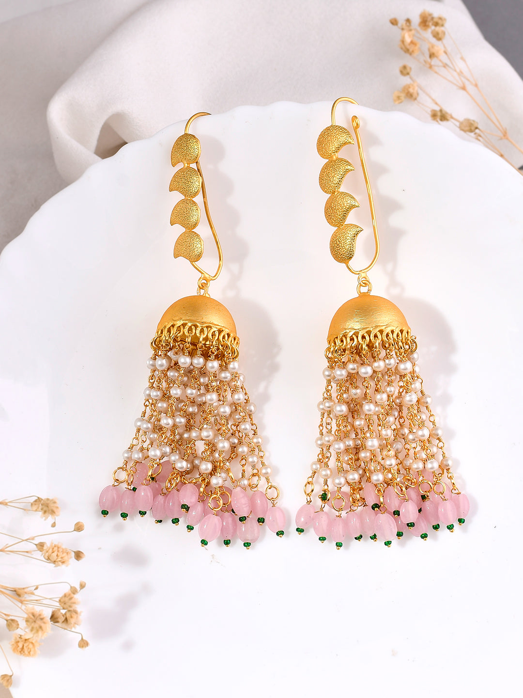 Gold-Plated Jhumka Earrings With Long Pearls Chain