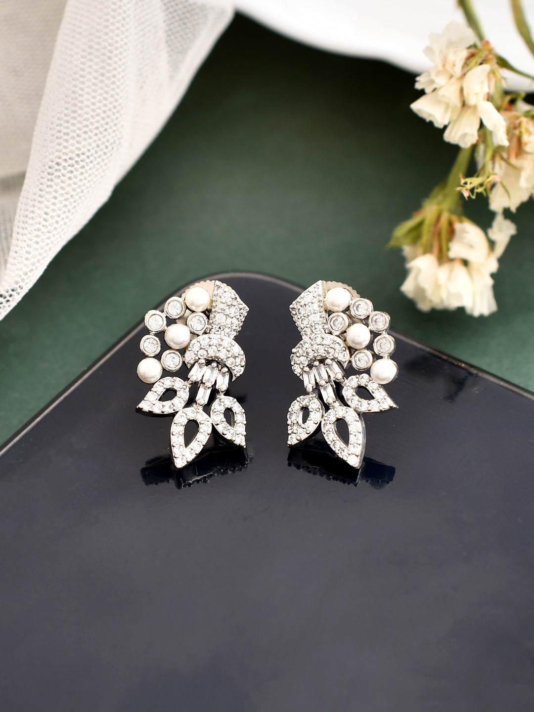 Diamond and Pearl Cluster Earrings For Women
