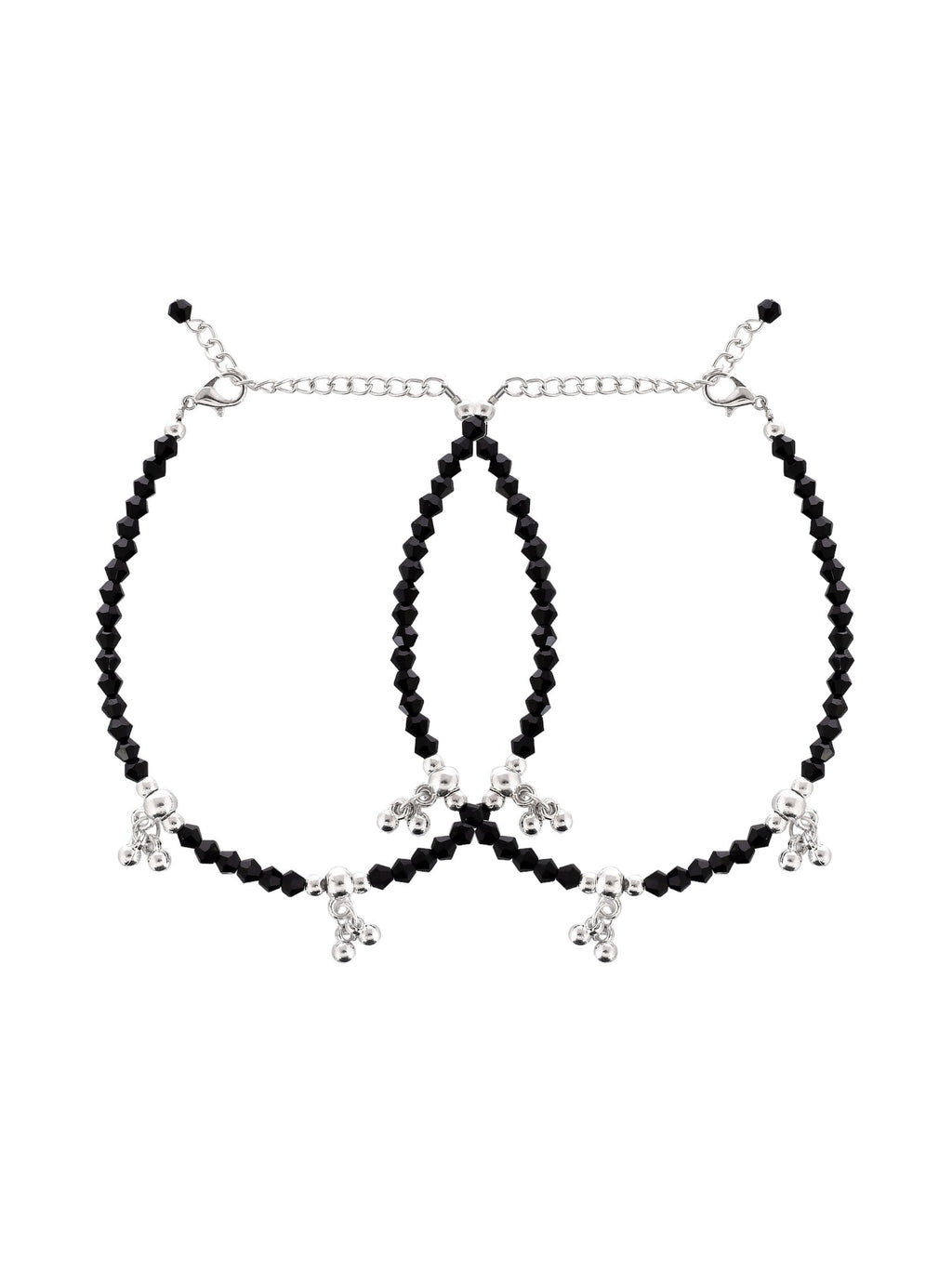 Silver Pearls Studded  Black Beads Chain Anklet For Women