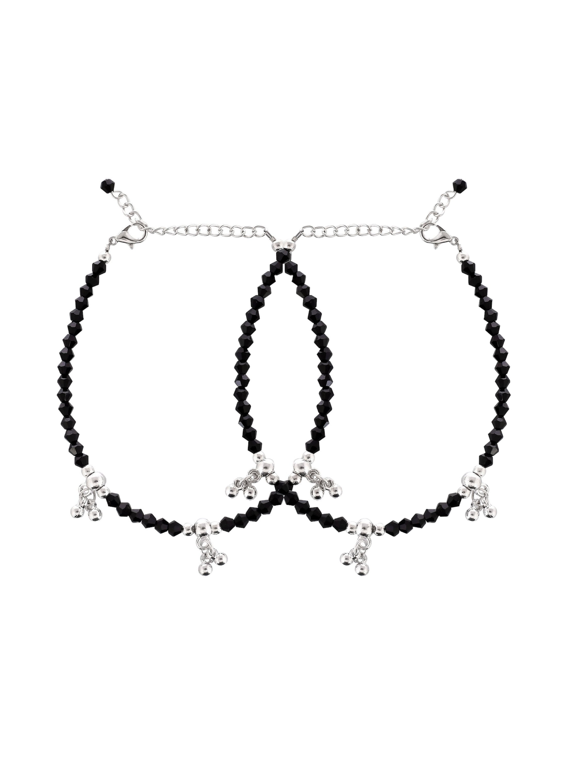 Silver Pearls Studded  Black Beads Chain Anklet For Women