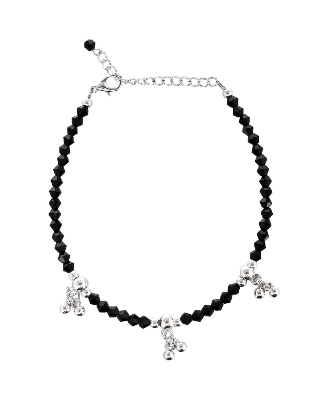 Silver Pearls Studded  Black Beads Chain Anklet For Women