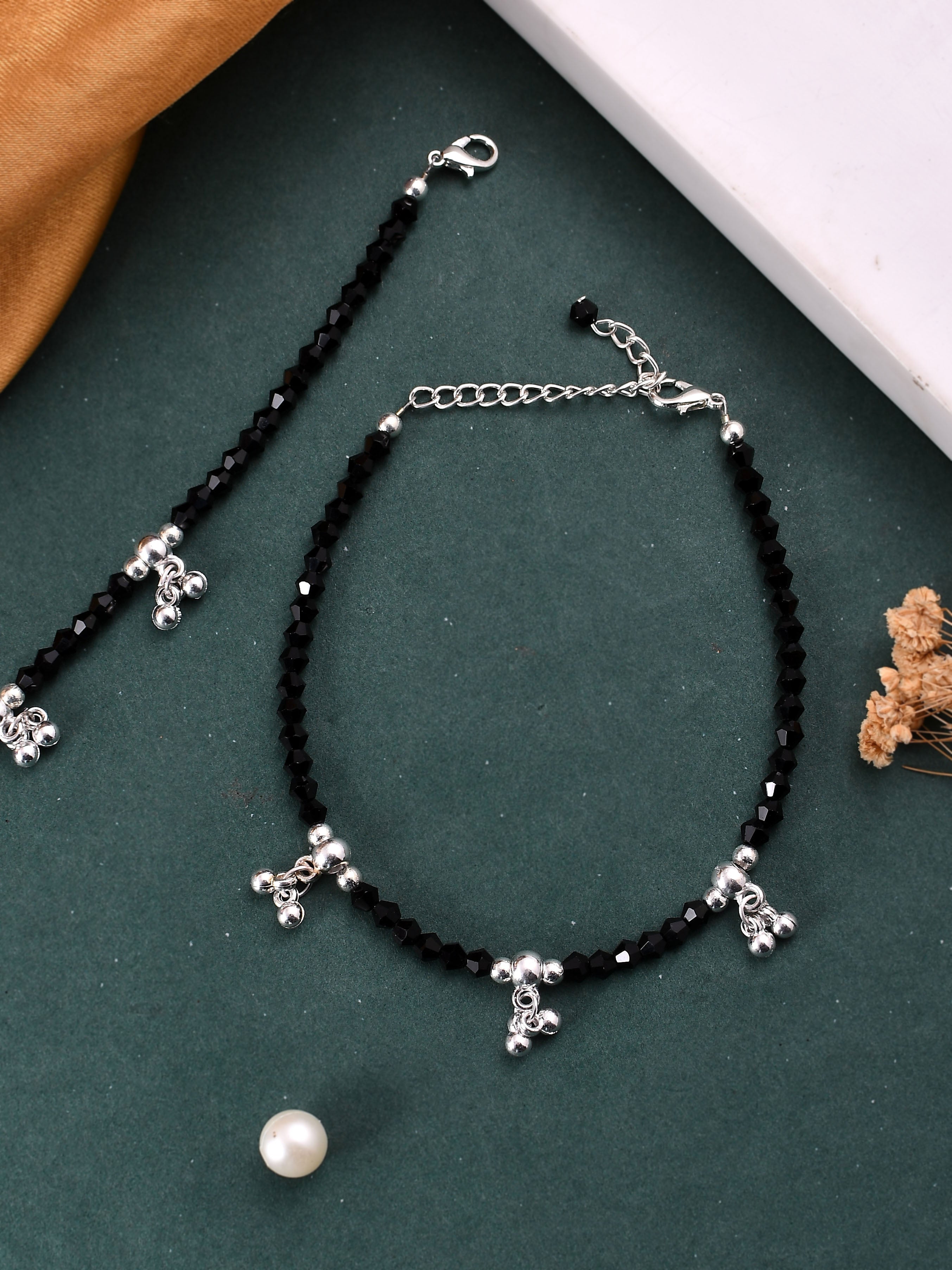 Silver Pearls Studded  Black Beads Chain Anklet For Women