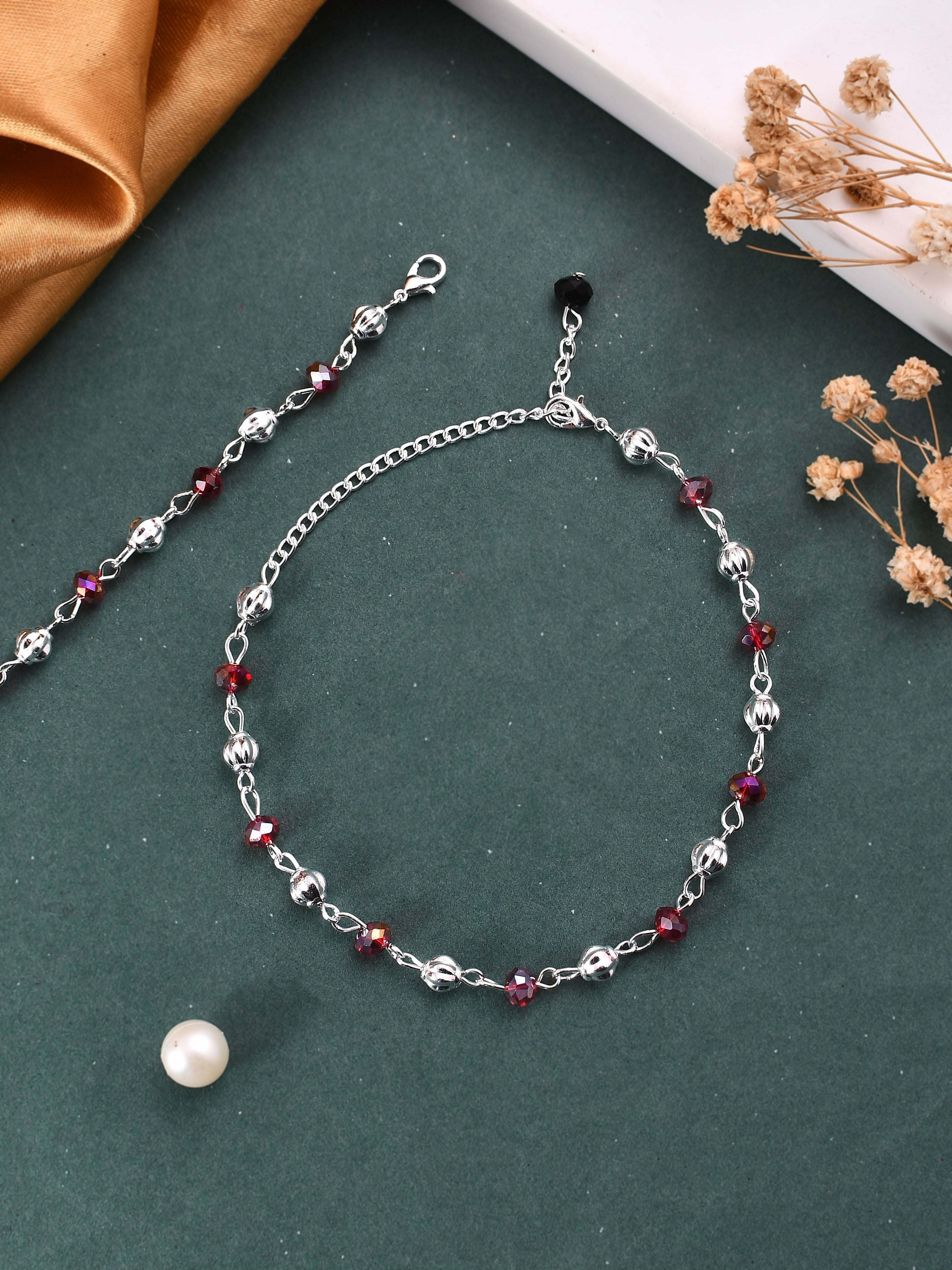 Stylish Beads-Studded Silver-Plated  Anklet For Girls
