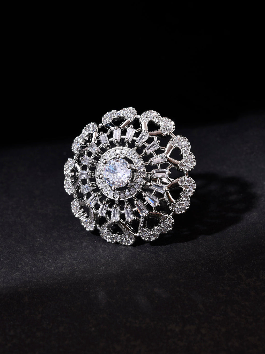 American Diamond & Silver Plated Cocktail Ring For Women