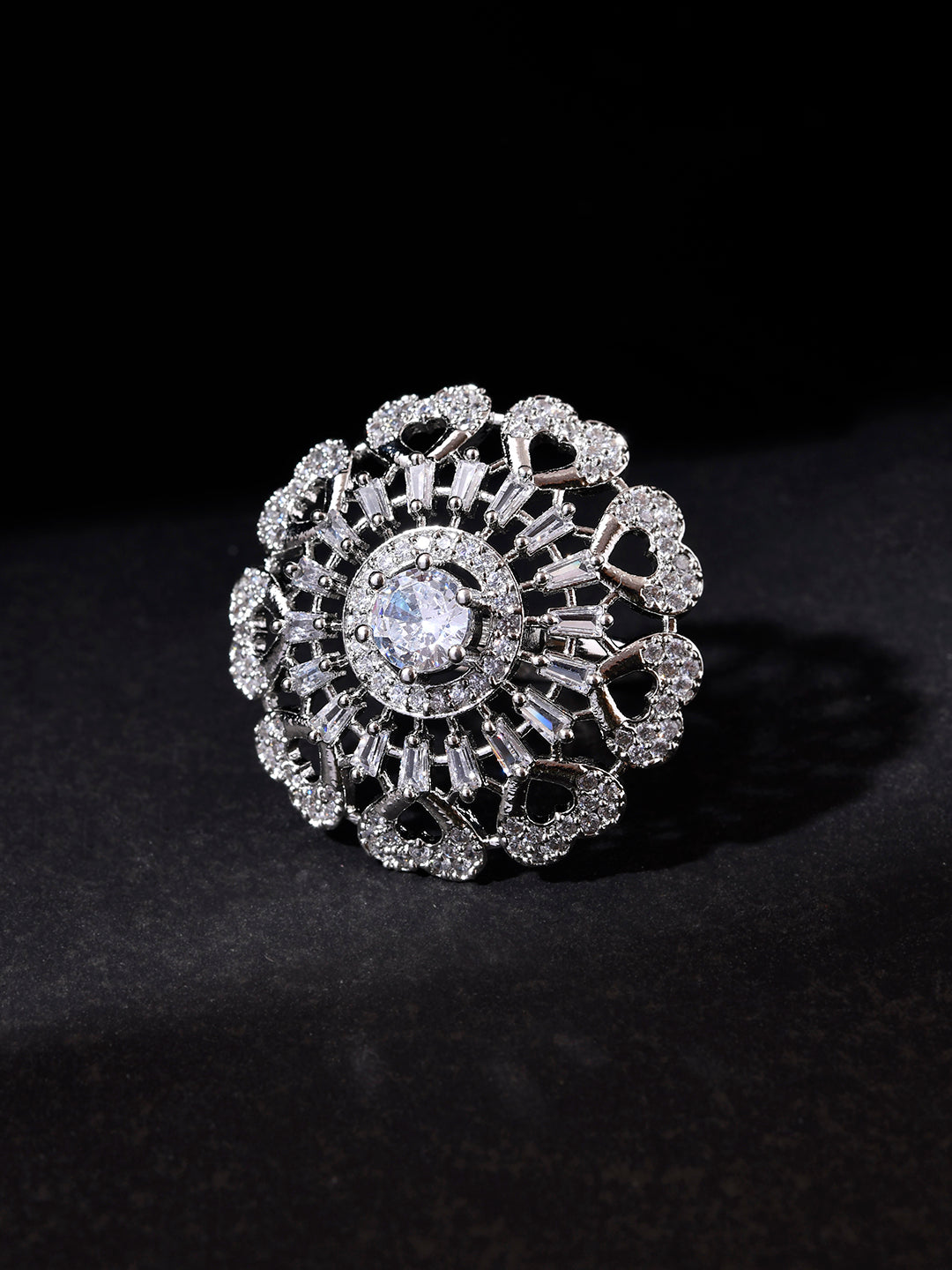 American Diamond & Silver Plated Cocktail Ring For Women