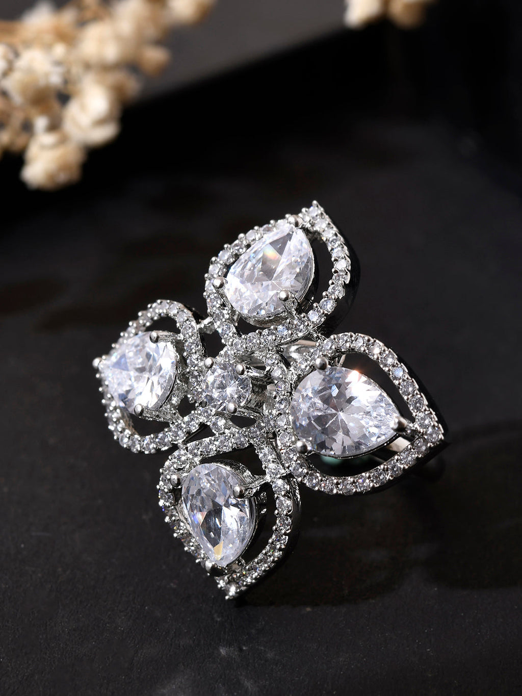 American Diamond & Silver Plated Cocktail Ring For Women