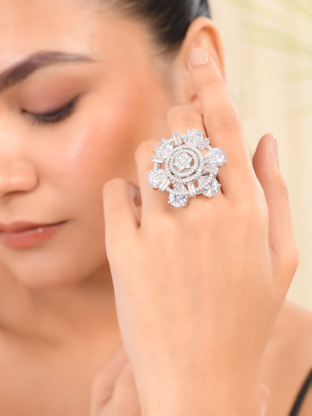 American Diamond Silver Plated Cocktail Ring For Women