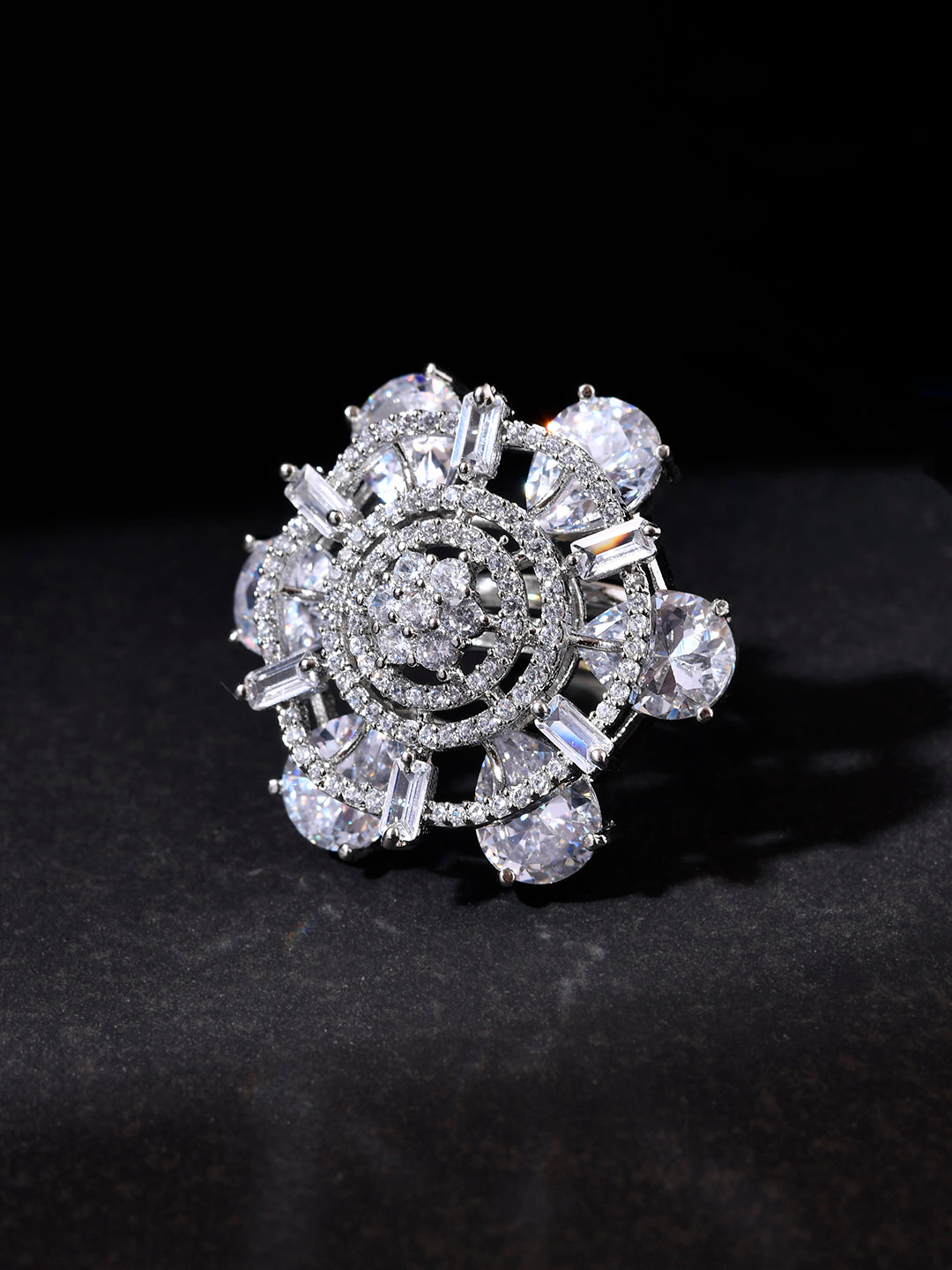American Diamond Silver Plated Cocktail Ring For Women