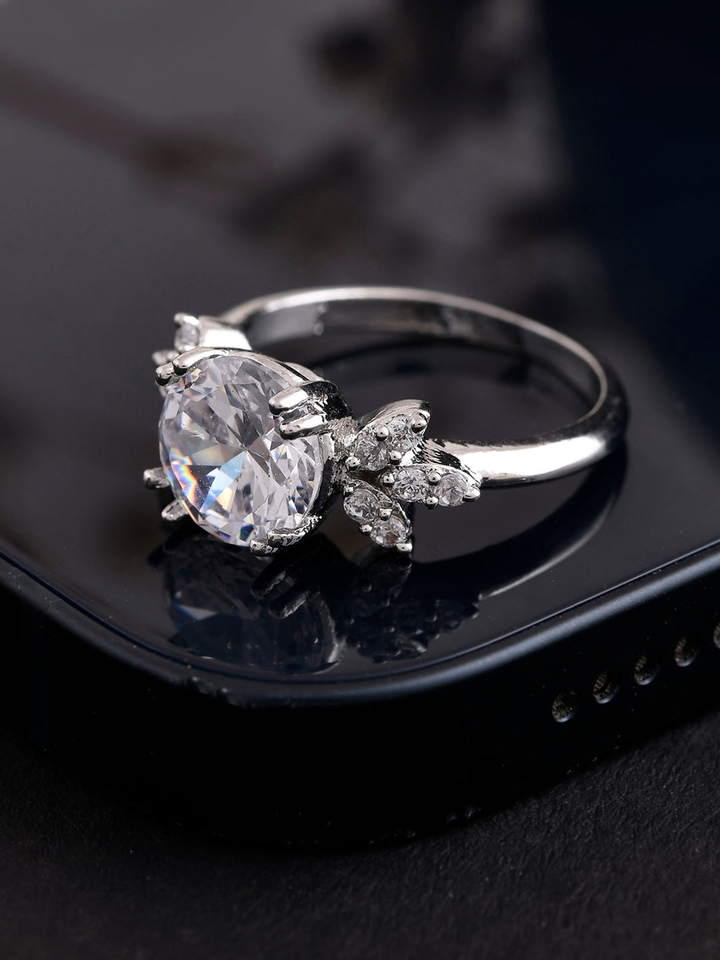 American  Diamond Studded  Silver-Plated Finger Ring for Women