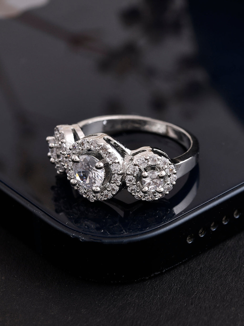 American  Diamond Studded  Silver-Plated Finger Ring For Women