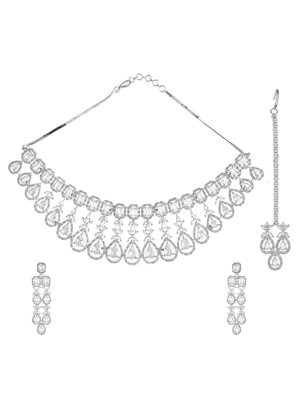 American Diamond Choker Necklace Set With Maang Tikka  | Wedding  Jewellery For Women