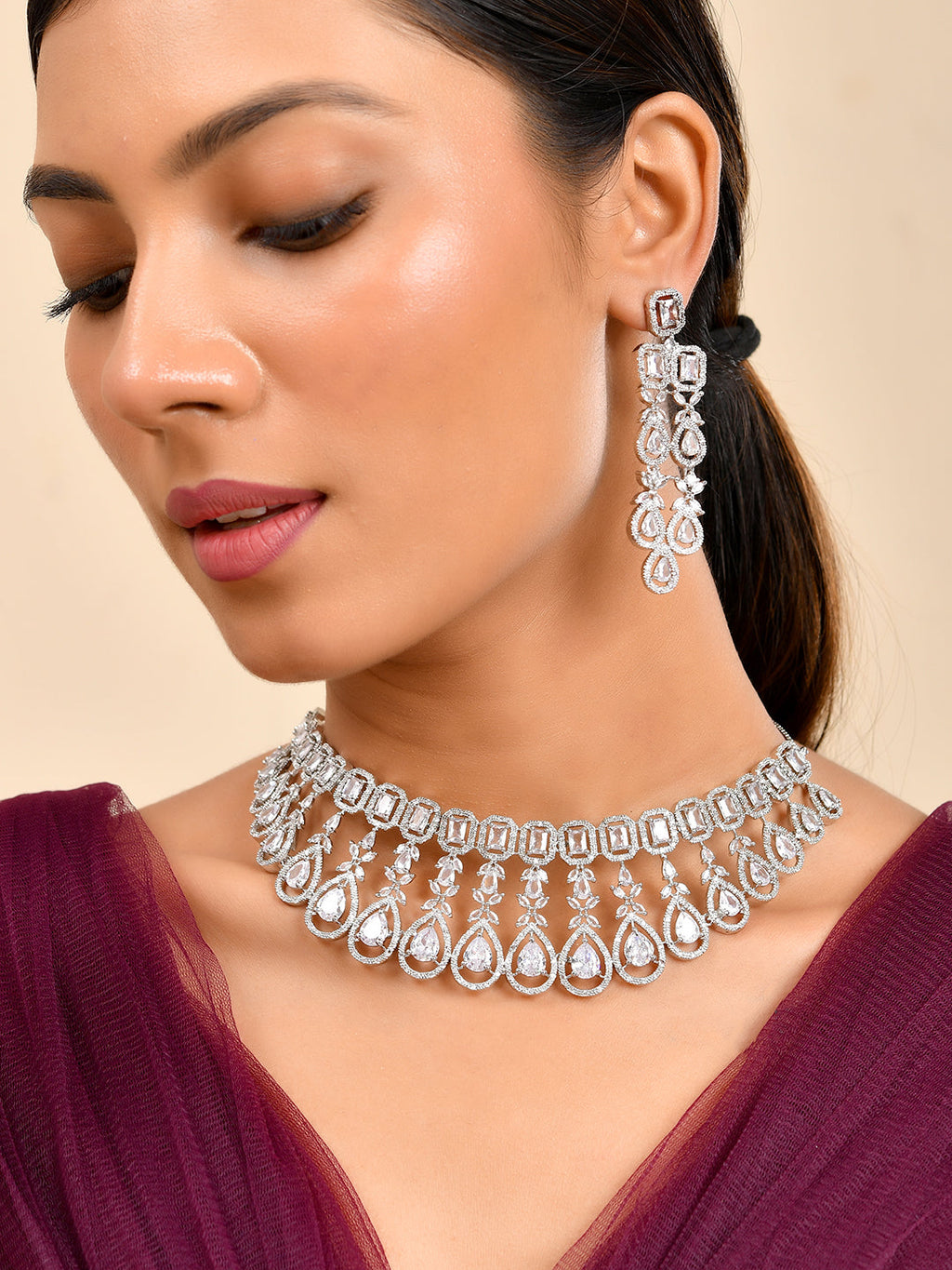 American Diamond Choker Necklace Set With Maang Tikka  | Wedding  Jewellery For Women