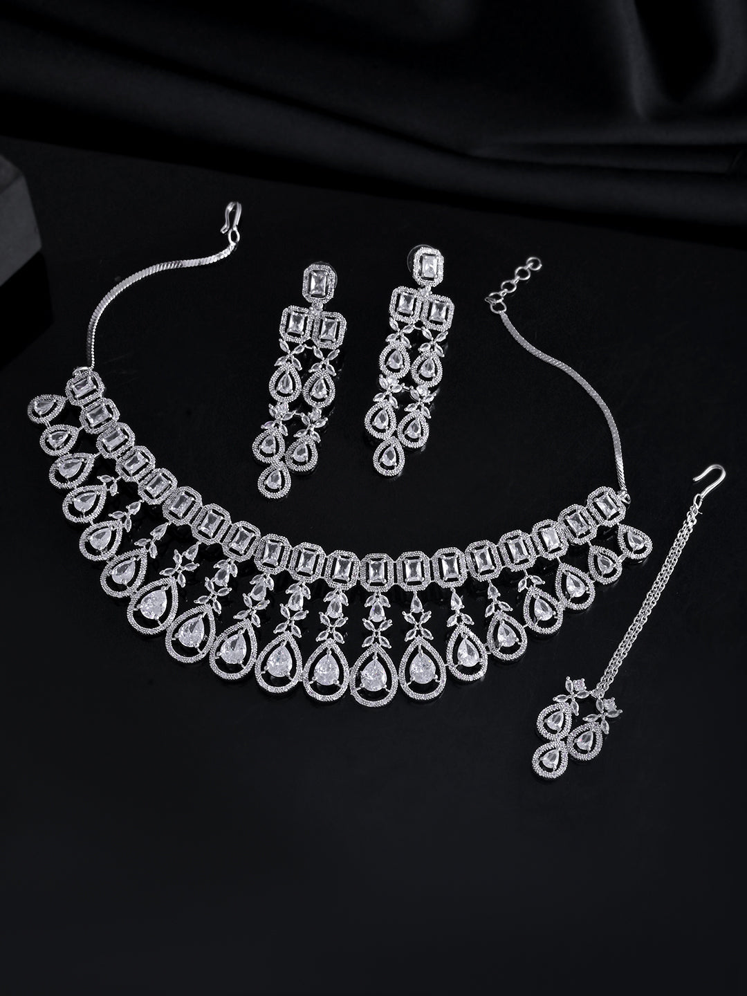 American Diamond Choker Necklace Set With Maang Tikka  | Wedding  Jewellery For Women