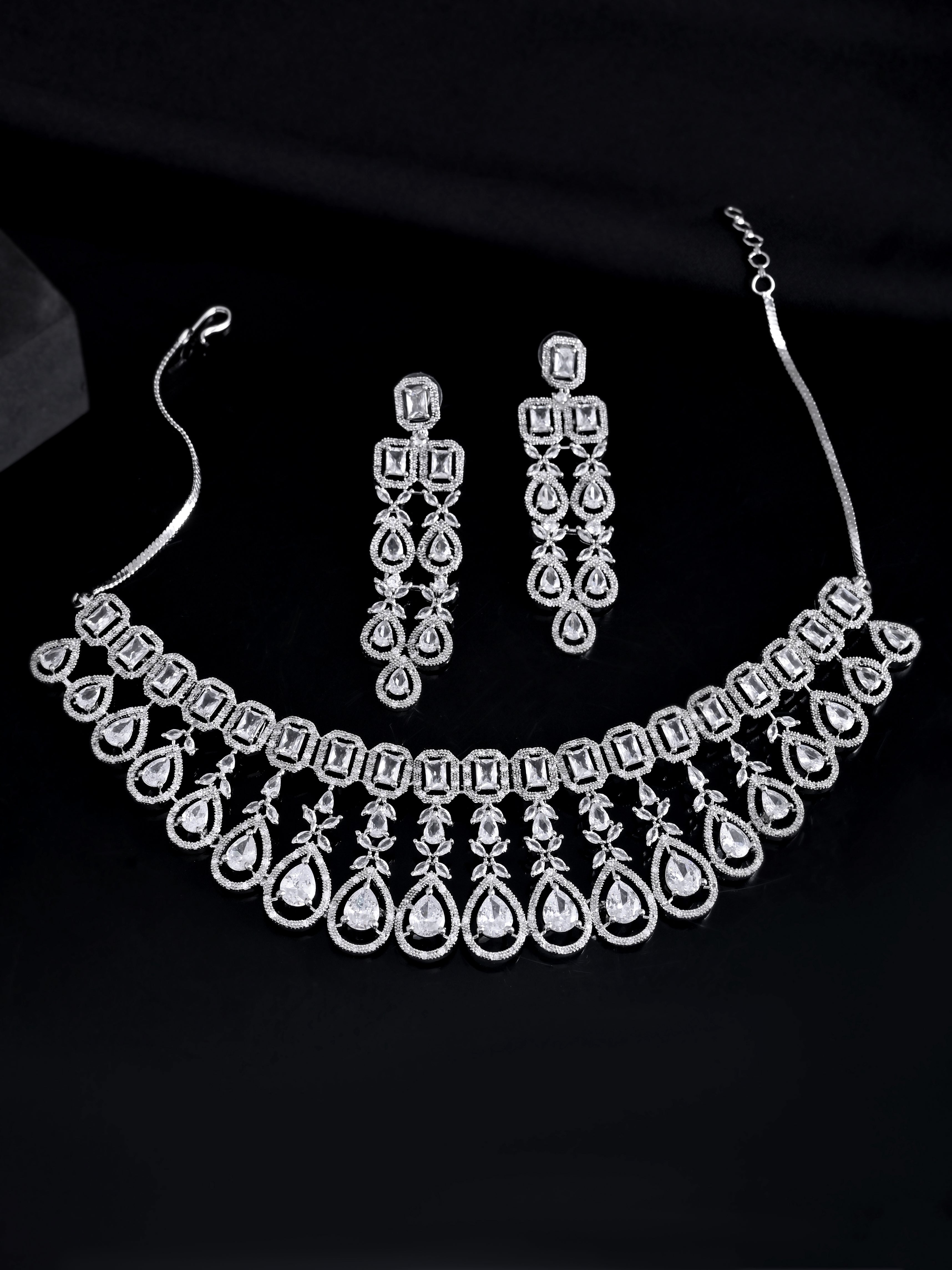 American Diamond Choker Necklace Set With Maang Tikka  | Wedding  Jewellery For Women