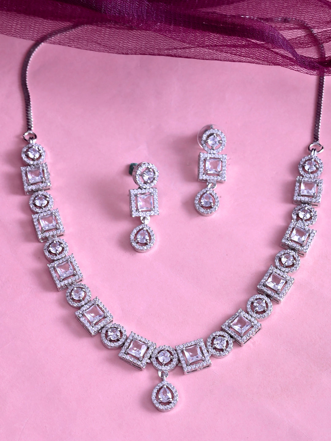 American Diamond Necklace Set  | Wedding  Jewellery For Women| Bridal CZ Necklace With Earrings