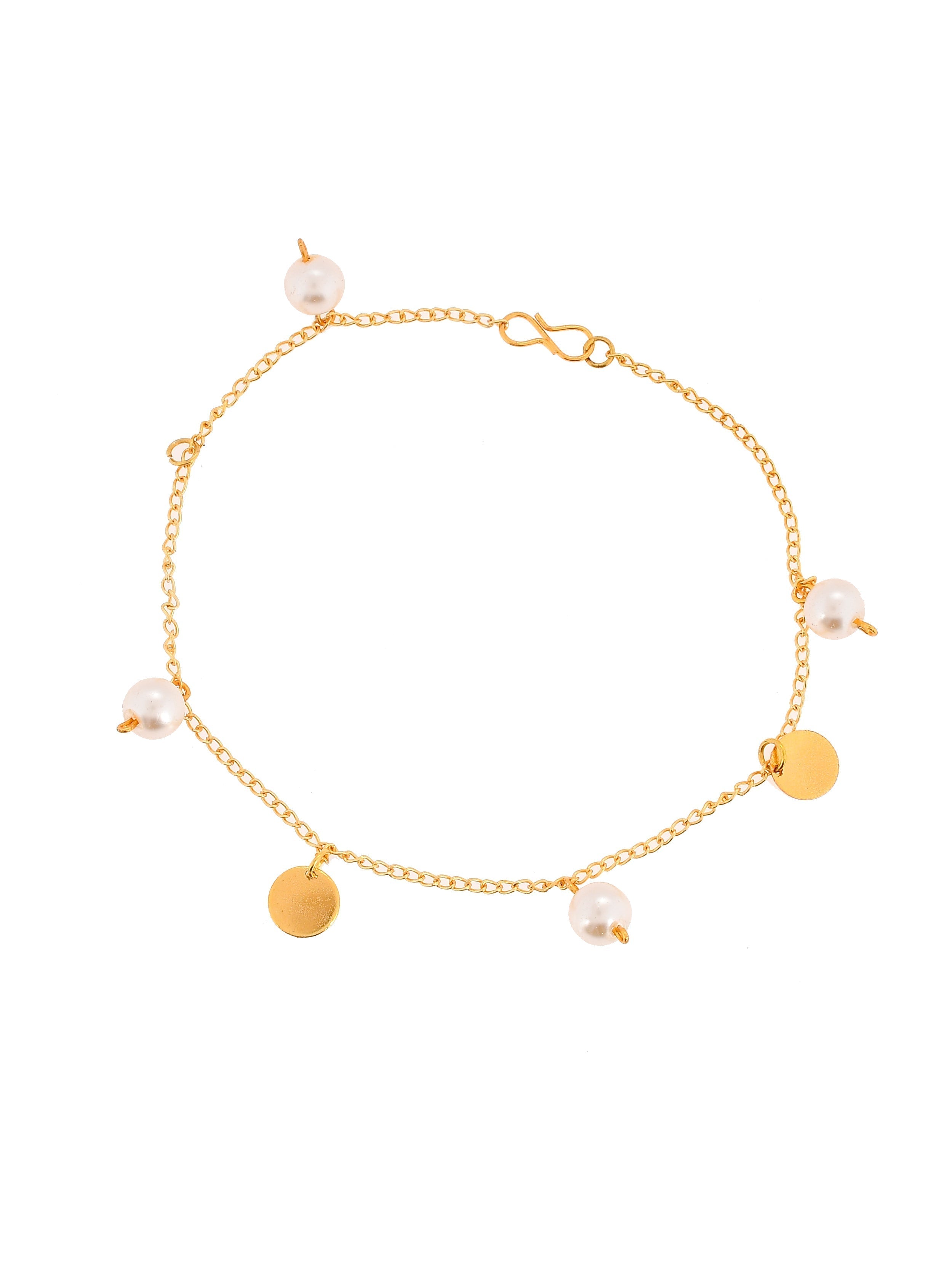 Gold-Plated  Anklet With Dangling Pearls and Charms | Payal For Women