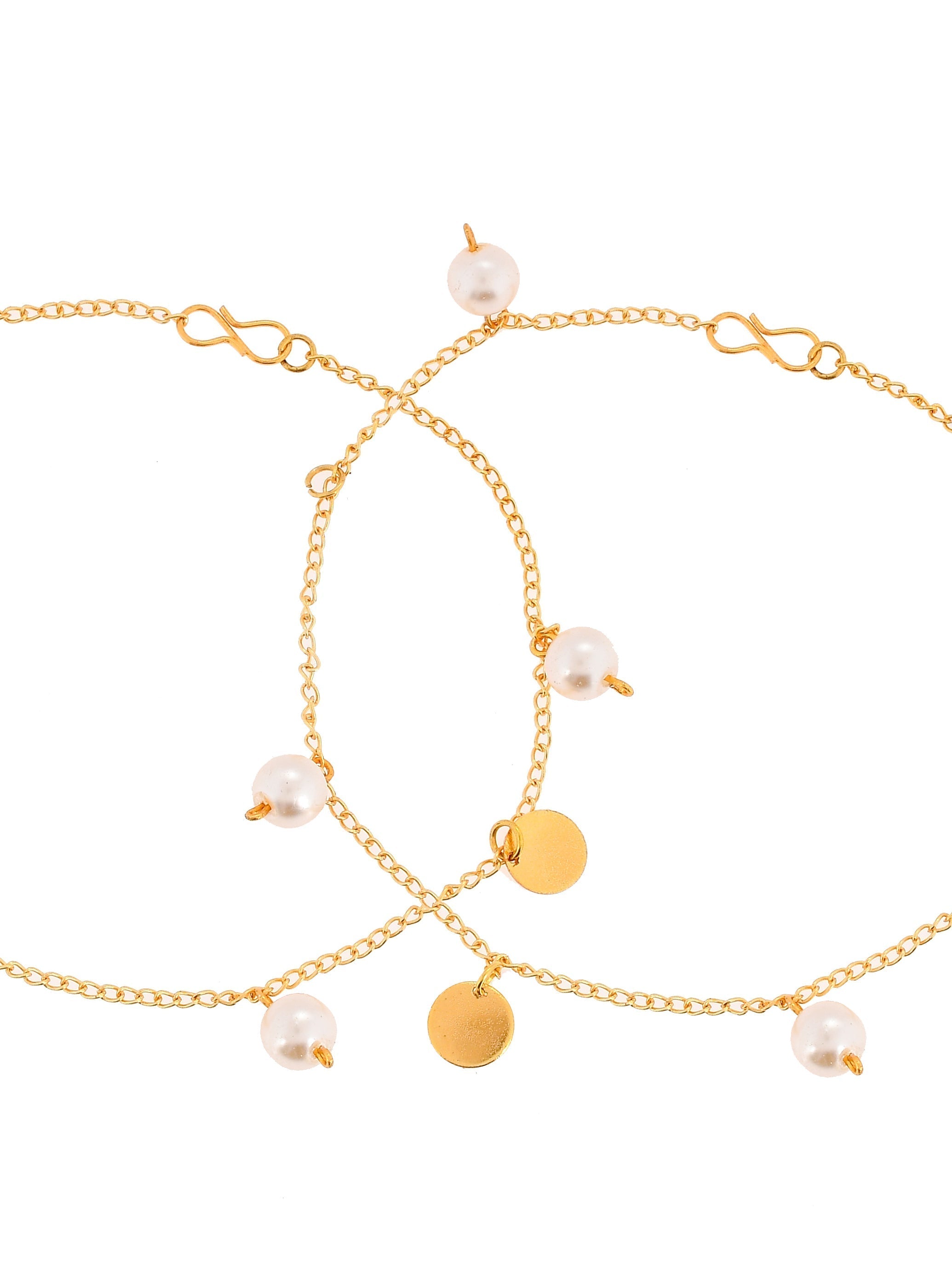 Gold-Plated  Anklet With Dangling Pearls and Charms | Payal For Women