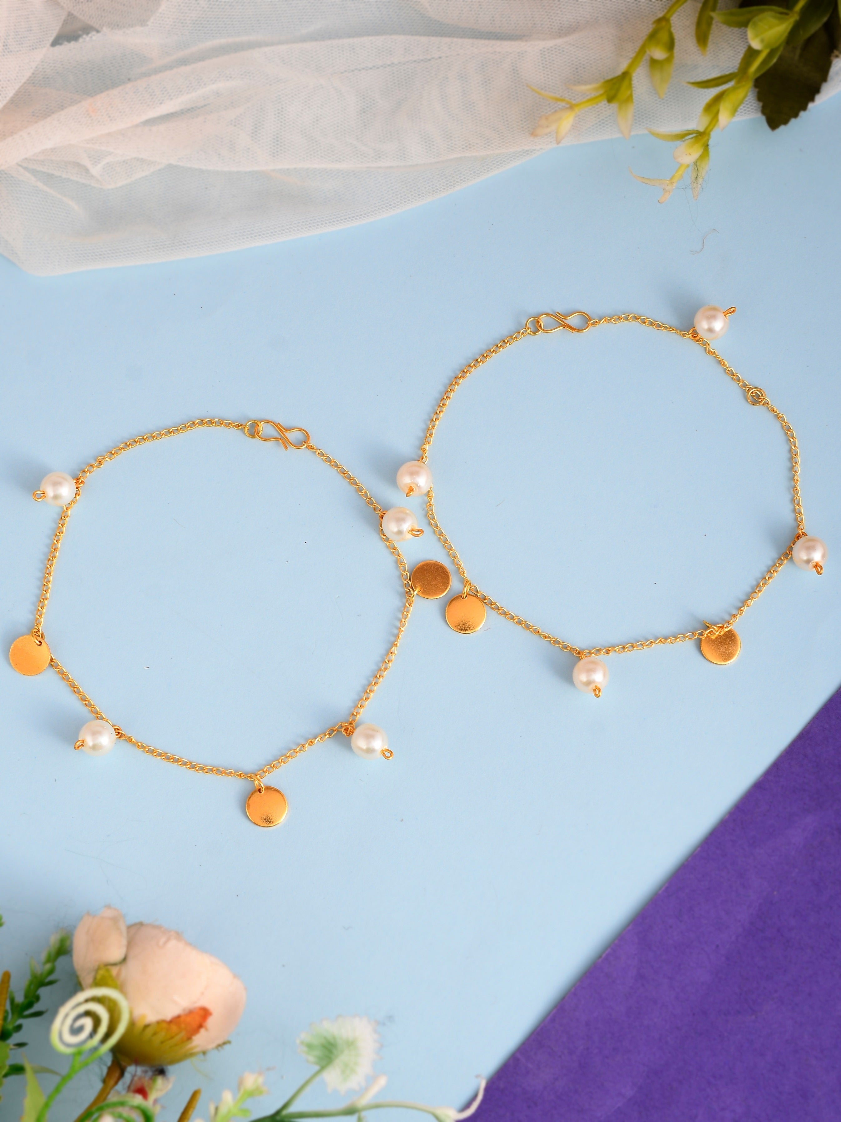Gold-Plated  Anklet With Dangling Pearls and Charms | Payal For Women