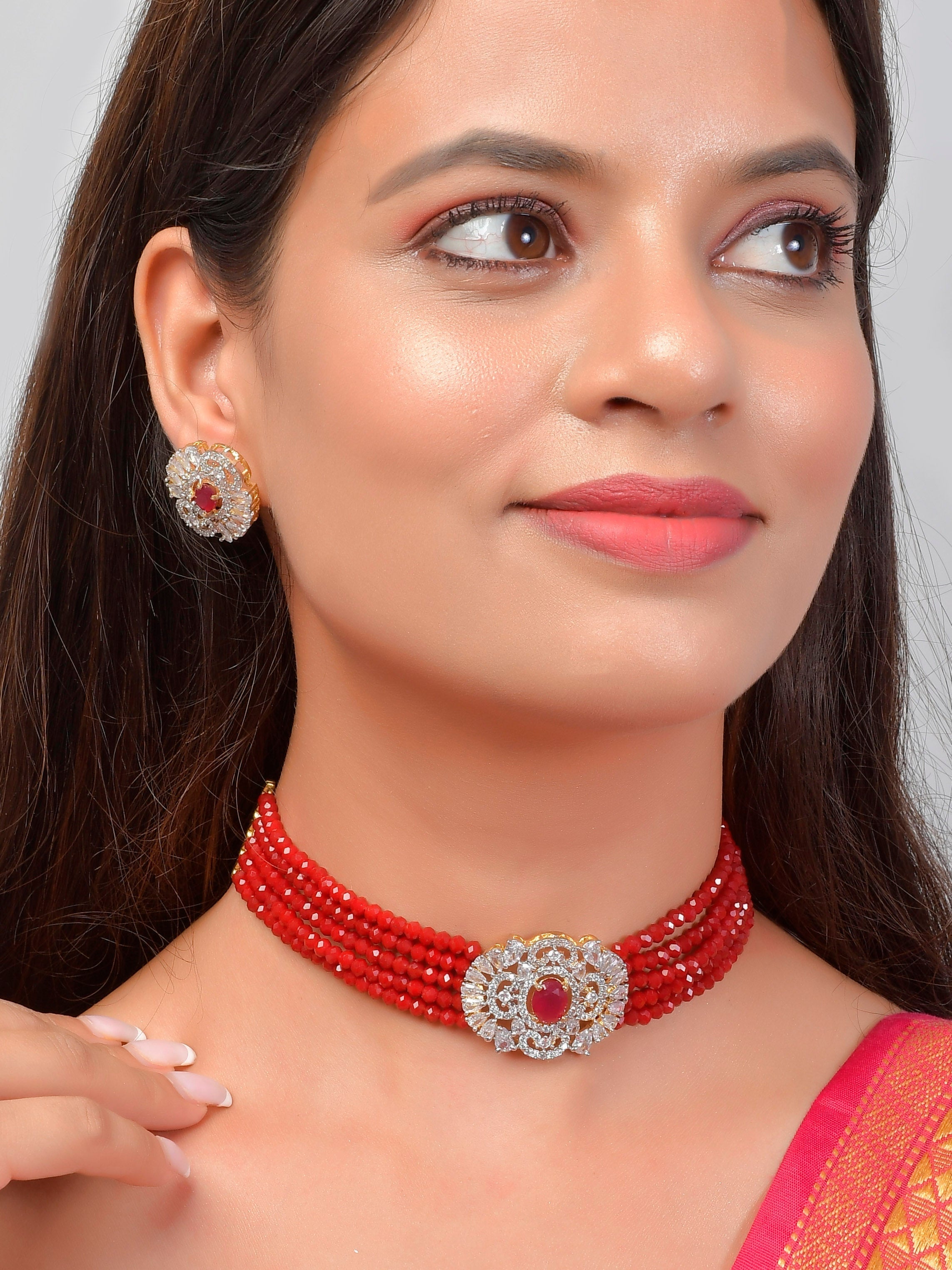 American Diamond Red Choker Jewellery Set