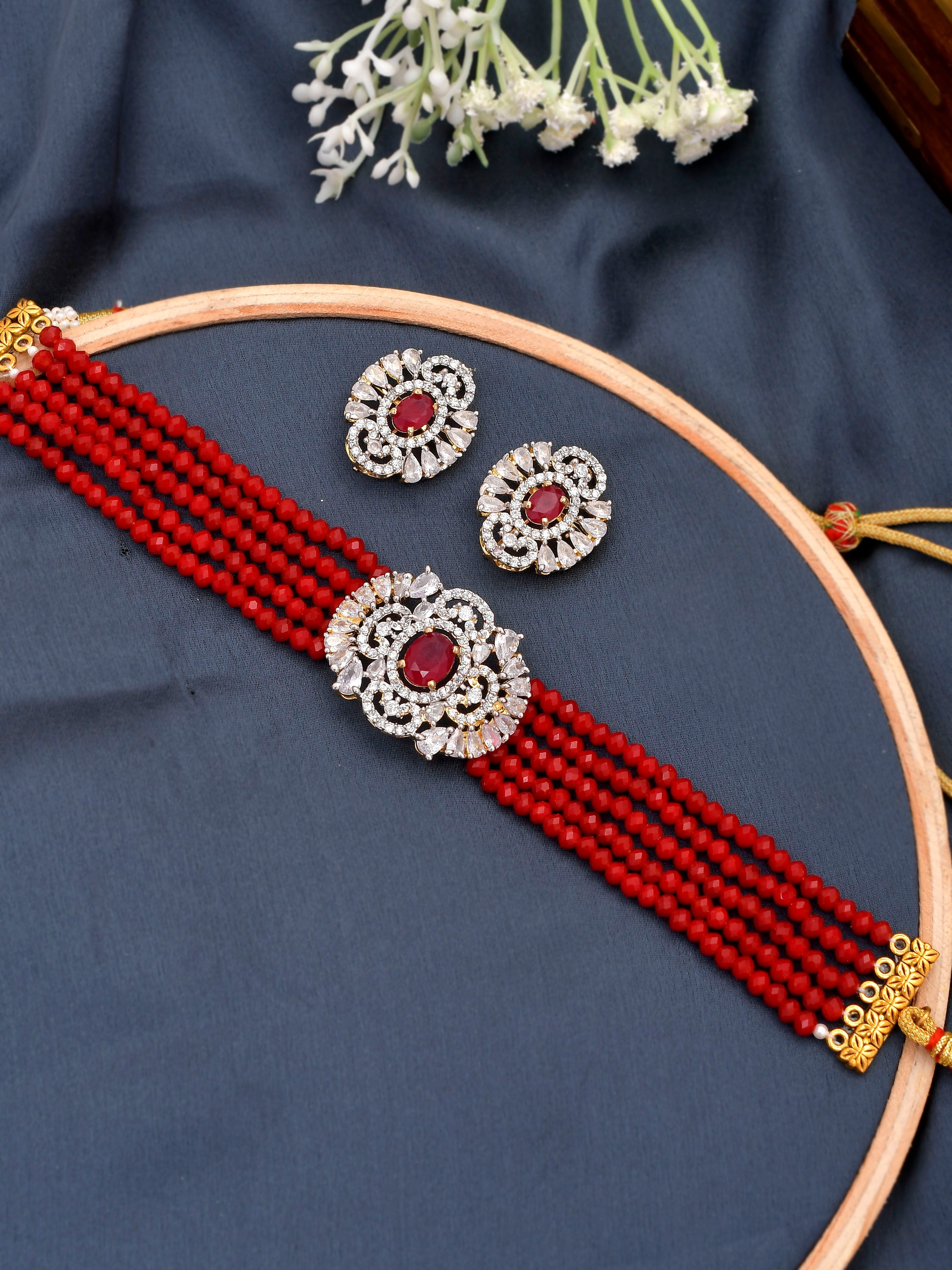 American Diamond Red Choker Jewellery Set